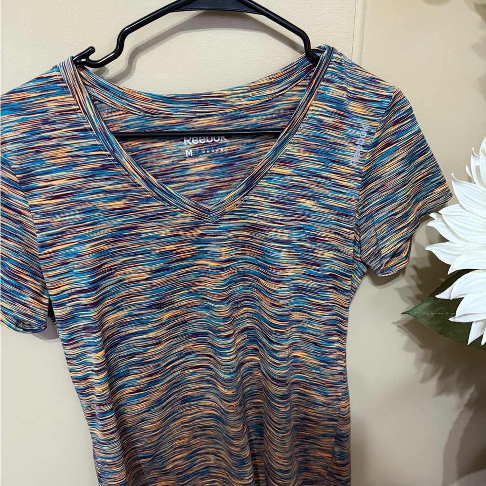 Reebok Women's Short-Sleeve Space-Dye V-Neck Top - Blue, Orange, Cream, Tan